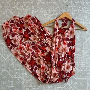 Free People Floral Halter Maxi Dress Red Pink White Slit Side Ruched Size S